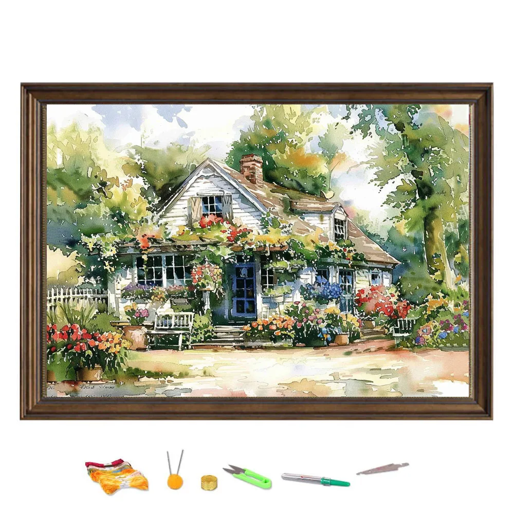 Cross Stitch Embroidery Kit Country Villa Building Landscape Thread Drawing DIY Needlework Kit Decorate Printed on Canvas 11CT