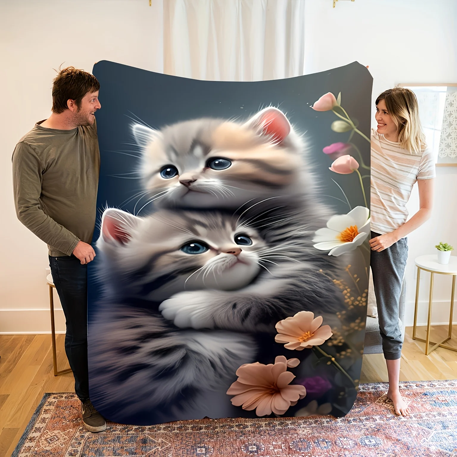 Fluffy Kitten Pair Pet Lover Blanket Throw Cozy Christmas Keepsake Decorative Plush Art Print Soft Home Decor Gift for Couch