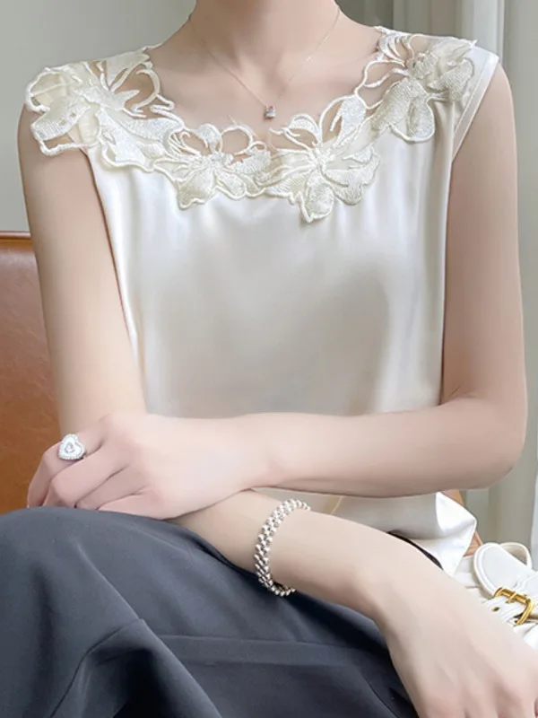 Ele Lace Splice okrągły dekolt Ne Svel Kamizelka Damska Nowość 2025 Elegancka Wyszczuplająca Bielizna Wewnętrzna Satynowa Bluzka Do Pracy Luźny Krój
