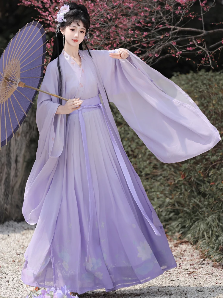 

Новый стиль Hanfu для взрослых и женщин, фиолетовая блузка и юбка длиной до талии с широкими рукавами и перекрестным воротником в стиле Song Hanfu на весну