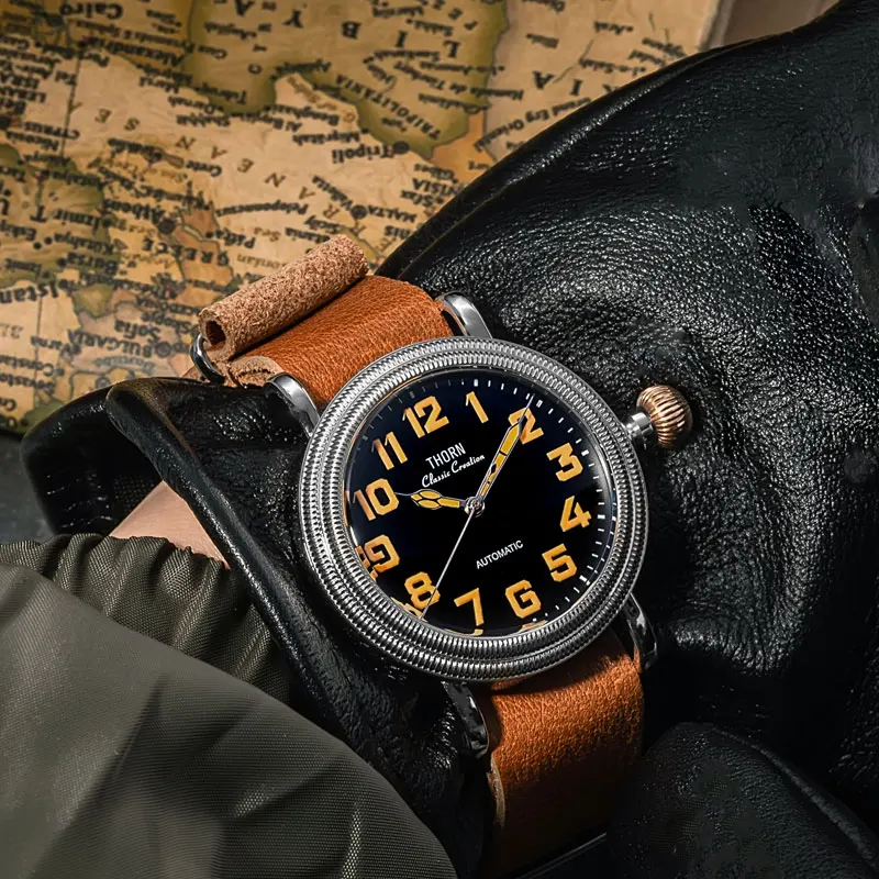 THORN Men's Vintage Pilot Watch 41mm Black Dial Sapphire Coin Bezel PT5000 Automatic Movement 10Bar Water Resistant C3 Lumed