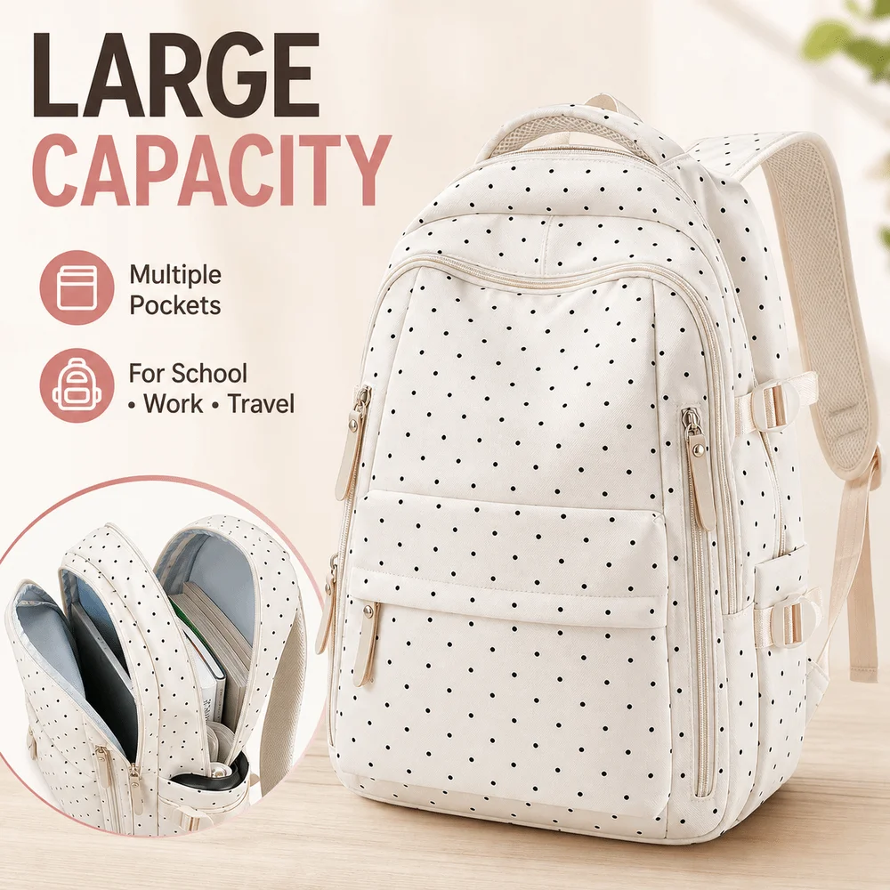 Fashion Nylon Polka Dot Backpack Large Capacity Multicolor Double Shoulder Bag Soft Waterproof Trendy Leisure Bag For Women
