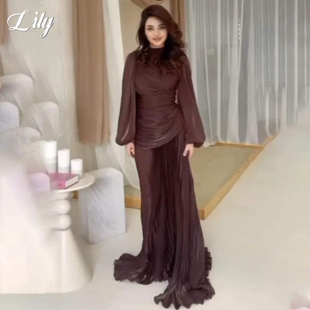 

Lily Chocolate Evening Gown Puffy Sleeves Prom Dresses with Pleats Trumpet Wedding Evening Dresses robes de soirée Customized