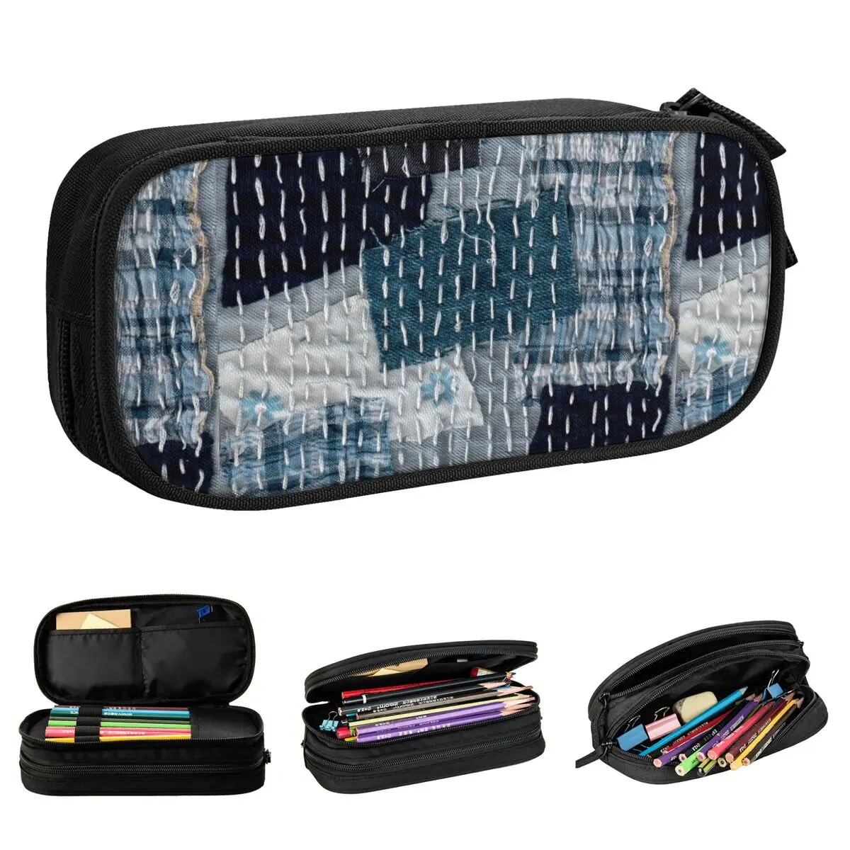 Cute Jean Boro Sashiko Pencil Cases, Patchwork Pencilcases Pen para meninas e meninos, grandes sacos de lápis, material escolar, papelaria presentes