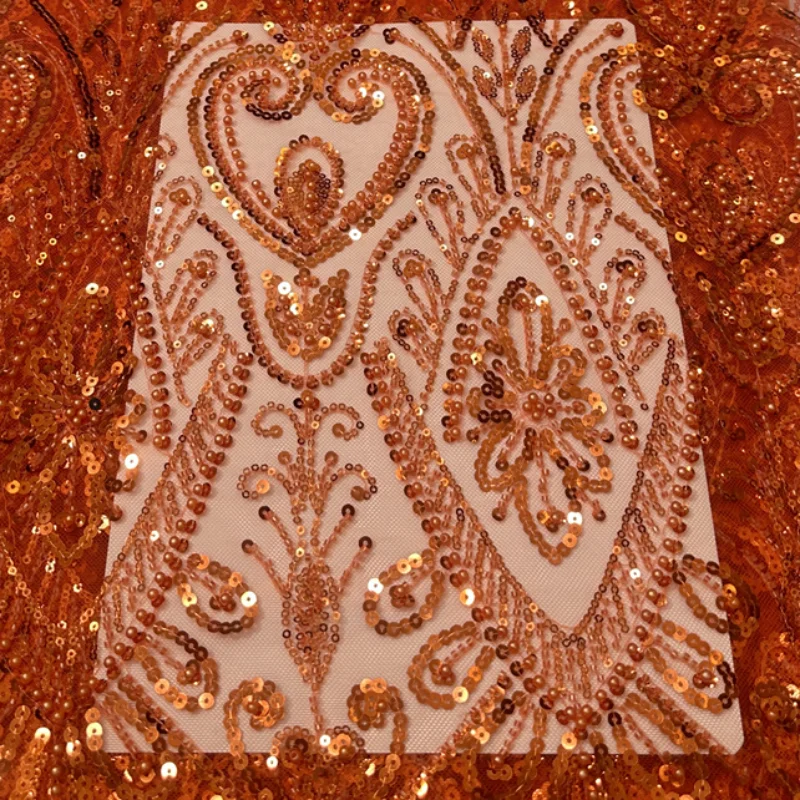 

Orange African Luxury French Tulle Lace Fabric 5 Yards Beads Sequins Embroidered Lace Fabric for Sewing Nigerian Party Dresses