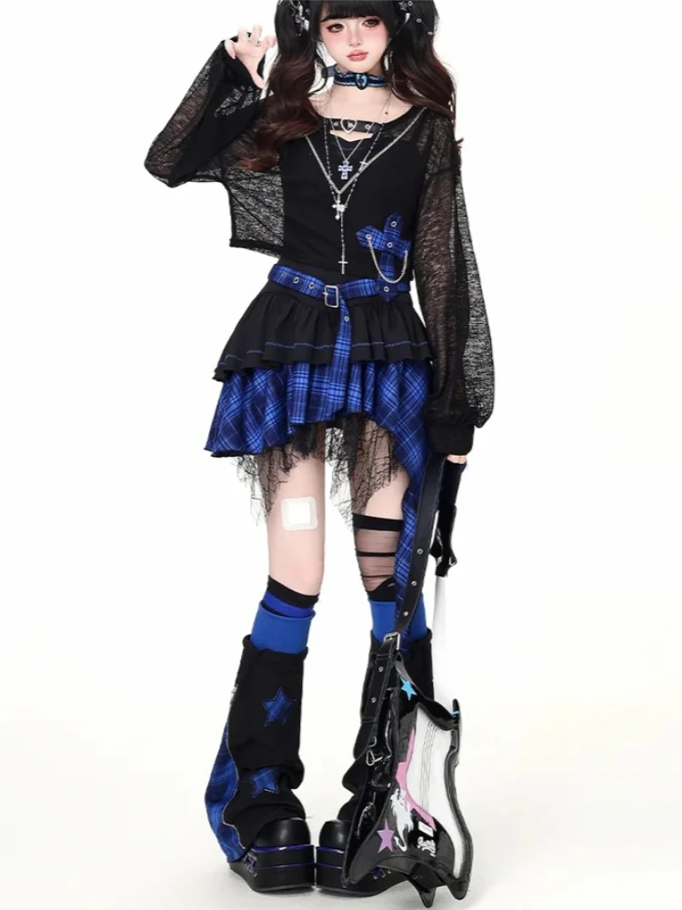 Sommer Gothic Dark Damen 2-teiliges Set Langärmliges Patchwork-Oberteil + Neckholder Kariertes Minikleid Y2k Vintage Koreanische Party-Outfits 2026
