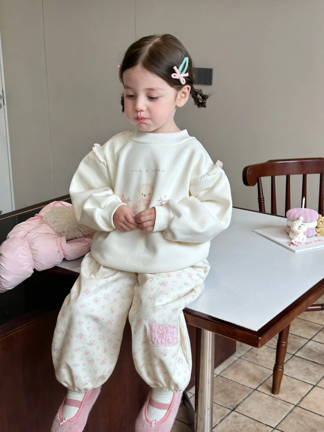 2024 Winter New Girls Children Clothing Korean Style Sweet Solid Color Warm Sweatshirt Plus Casual Pants Set
