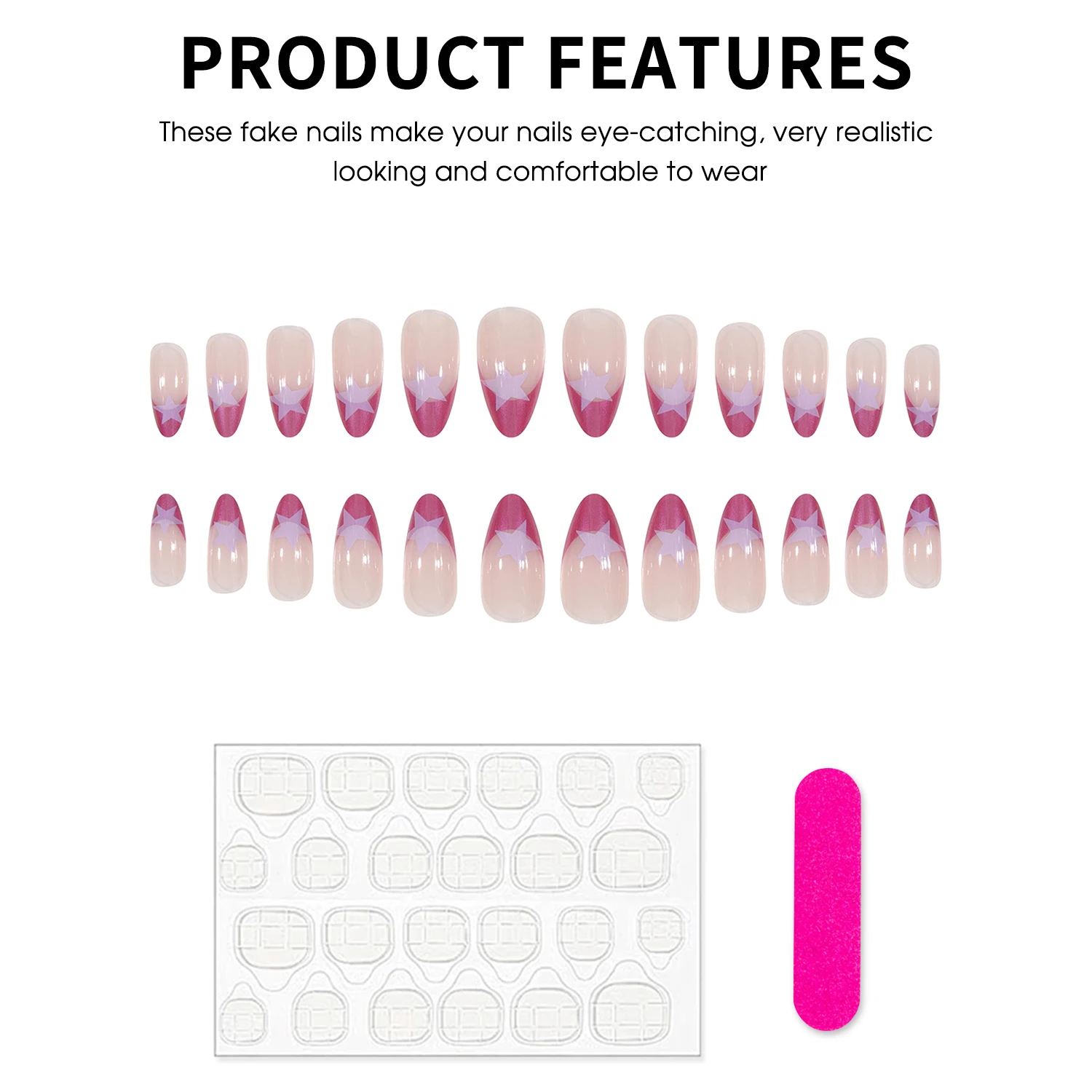 24Pcs Purple French Press On Nails Nude Color Almond False Nails Five-pointed Star Printed Y2K Girls Charm Manicure Nails Art