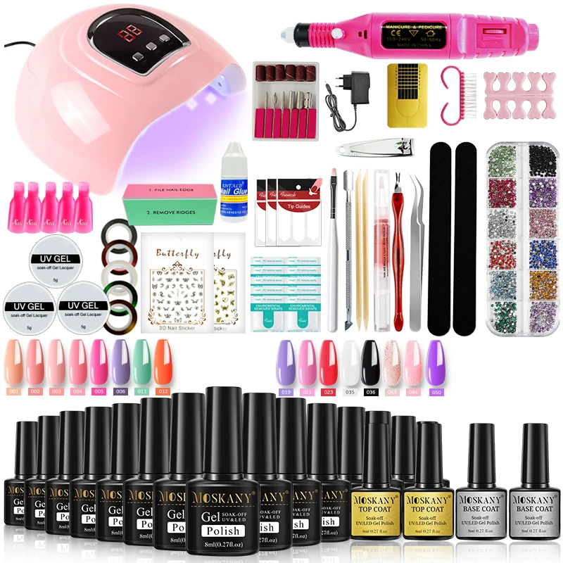 Nail Polish Set With Extend Poly nail Gel Semi-permanent varnish and UV LED Lamp and Stainless Steel Nails Tool Kits