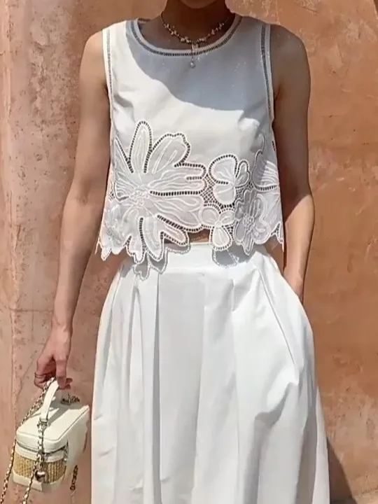 Summer 2025 Faion Embroidered Hollow out round Ne Svel Vest High Waist Elastic Waist f Skirt Women's Set image 3