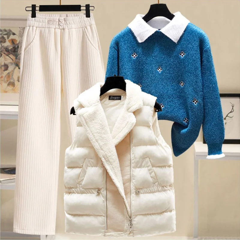 Korean Version New Three Piece Set Women\'s Winter Lamb Wool Patchwork Vest Jacket Sweater Thickened Plush Straight Leg Pants