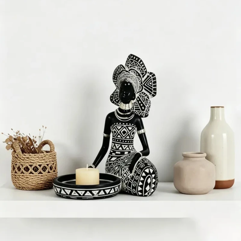Vintage Afrikanische Frauenfigur Kerzenhalter aus Harz, Stammes-Damenfigur mit Tablett, Exotische Heimdekoration für Boho & Ethno-Stil