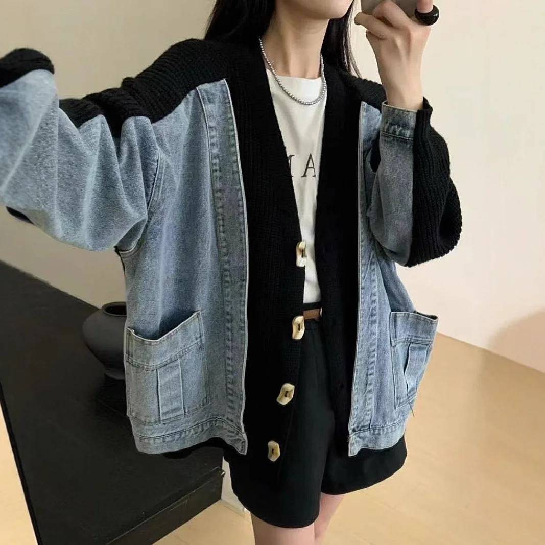 

Women Patchwork Cardigan Sweaters Denim Spliced Jumpers Knitted V Neck Long Sleeves Single Breasted Y2k 2025 Autumn Winter