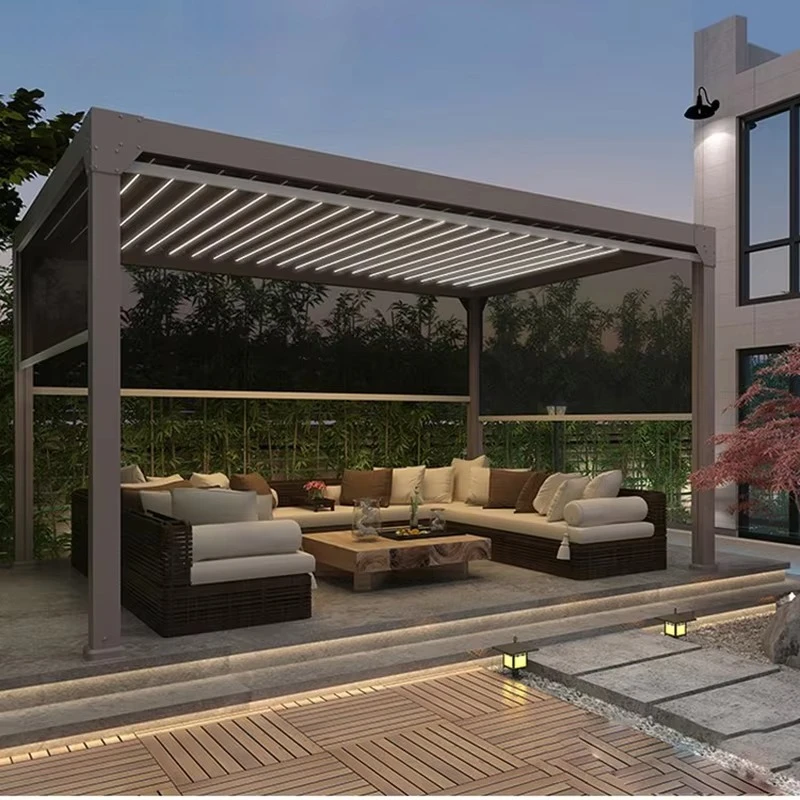 3x4m Luxury Motorized Bioclimatic Pergola, Aluminum Frame Louvered Roof Equipped LED Lights & Glass Sliding Patio Shelter