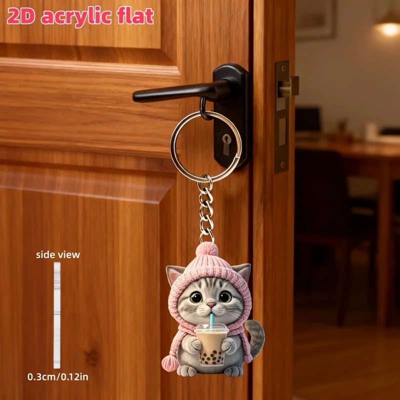 Lindo llavero de gatito 2D con sombrero rosa bebiendo té con leche – Divertida decoración acrílica para coche, teléfono, bolso y cartera