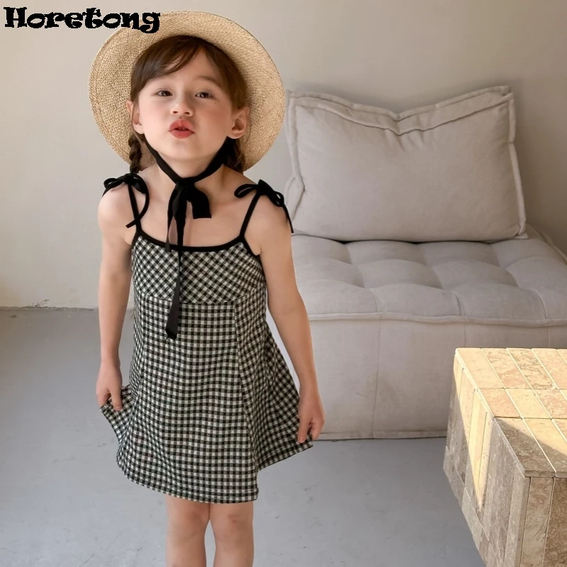 Horetong Children\'s Dress 2024 Summer New Girls Plaid Suspender Dresses Fashion Cute Kids Lace Up A-line Mini Dress Vestidos