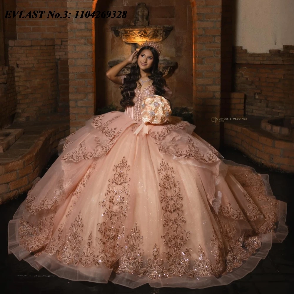 

EVLAST Customized Blush Pink Quinceanera Dress Ball Gown Lace Sequins Applique Beaded Tiered Sweet 16 Vestidos De 15 Anos E3Q731