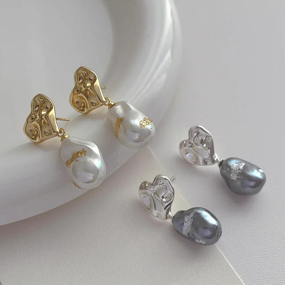 Minar Unusual White Grey Color Irregular Baroque Pearl Drop Earrings Real Gold Silver Plated Brass Heart Earring For Women