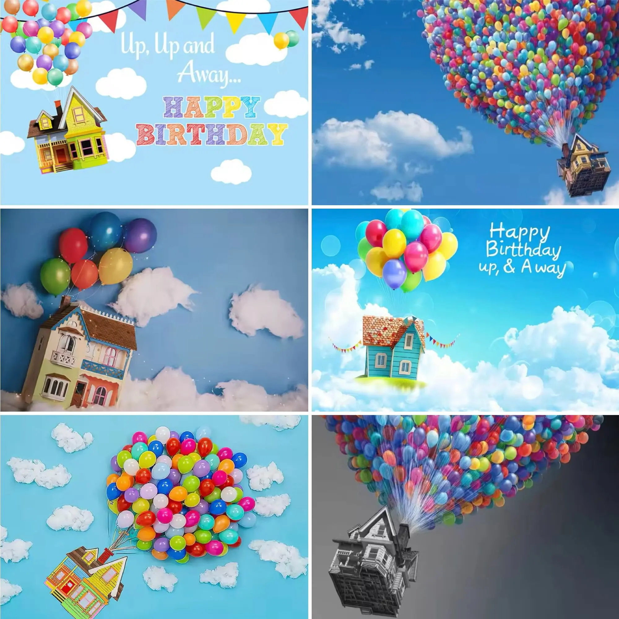 

Halo Blue Sky White Cloud Balloon House Decoration Theme Background Adventure Movie Happy Birthday Party Decoration Banner Props