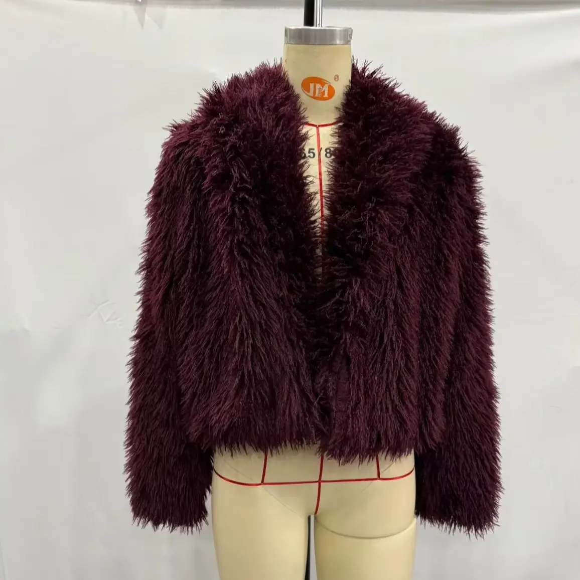 Vintage Winter Women Wine Red Curly Hairy Shaggy Faux Fur Coat Long Sleeve Lapel Collar Furry Warm Jacket Short Outercoat