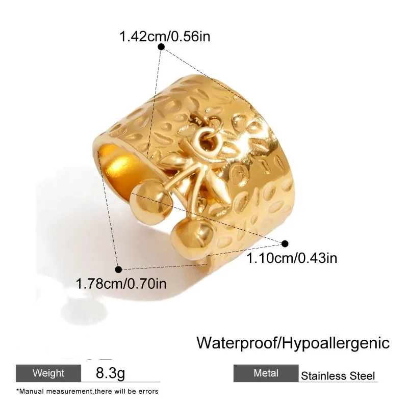 Minar High Fashion Metallic Cherry Adjustable Chunky Cocktail Ring for Women 18K Gold PVD Plated Titanium Steel Hammer Tone