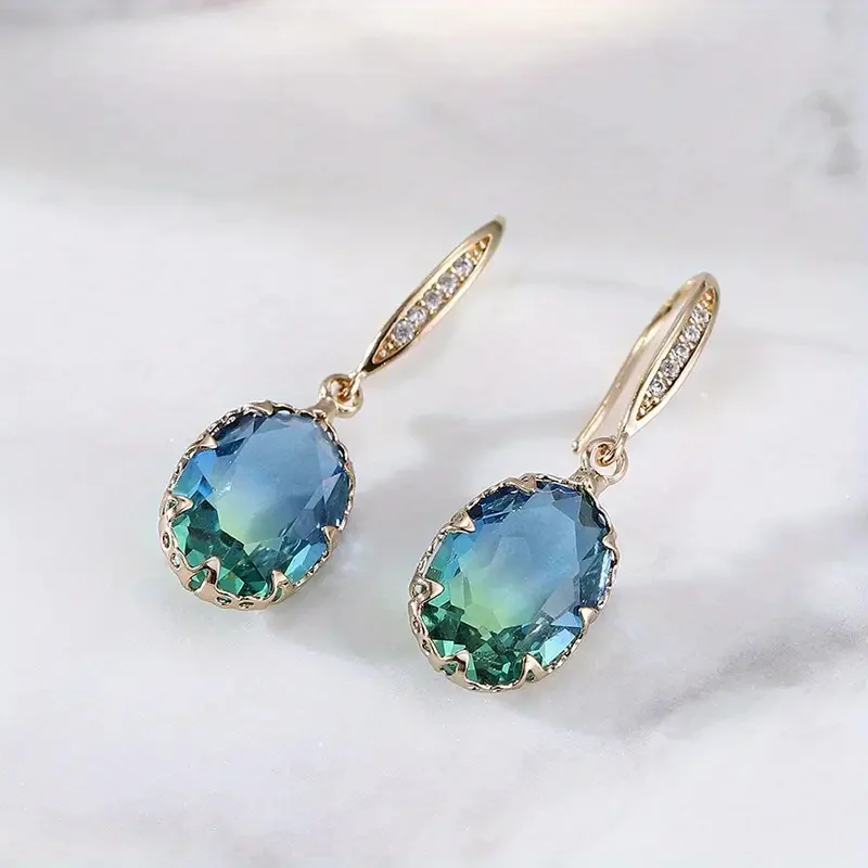 Exquisite Oval Inlaid with Blue Green Zircon Earrings Elegant Fashion Gold Color Engagement Wedding Dangle Earrings for Women