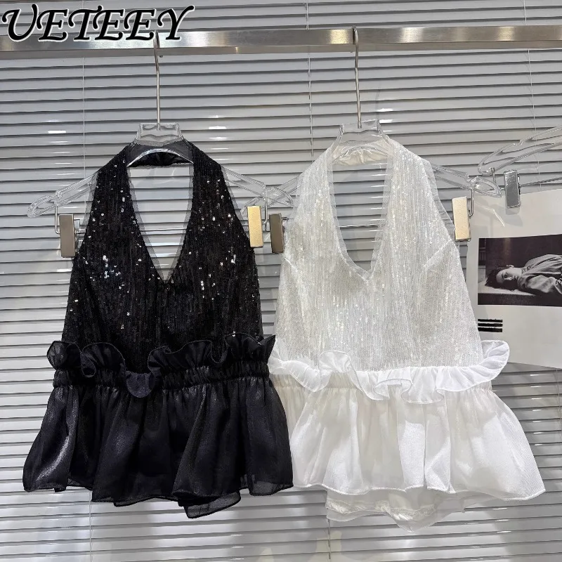 

Summer New French Celebrity Pleated Splicing Bead Fabric Halter Vest Temperament Girls Outer Wear Sleeveless Neck Tank Tops