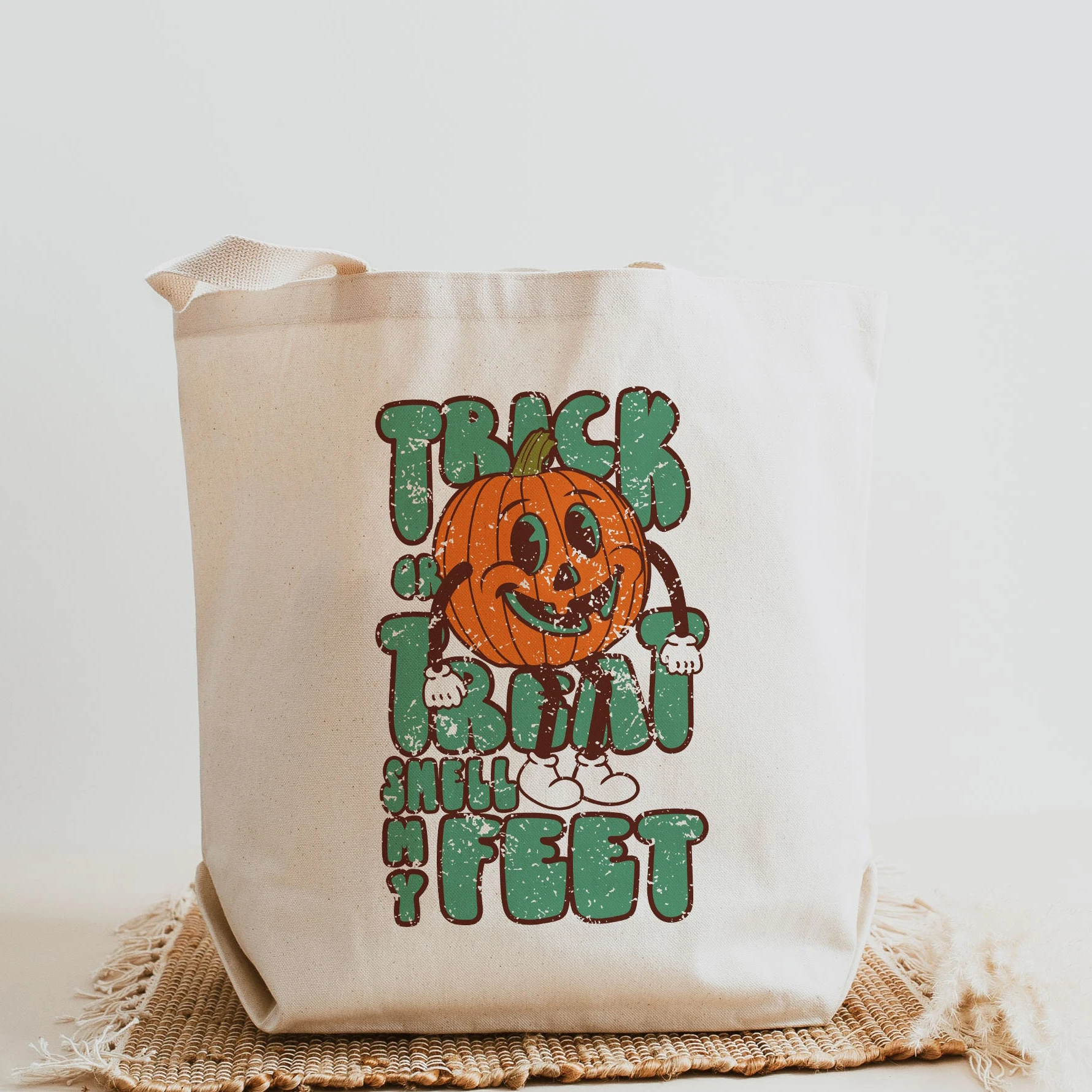 Trick or Treat Smell My Feet Pumpkin Halloween Party Canvas Tote Bag Cute Cartoon Handbag Print Large Capacity Reusable Gift Bag