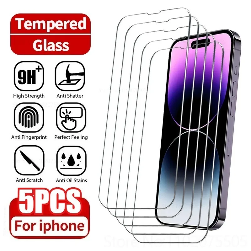 

5Pcs Ultra-clear Tempered Glass for IPhone 16/15/14 Promax 16E Protective Glass for IPhone 13 Pro 11 12Mini 7 6 8 Plus X XS Film