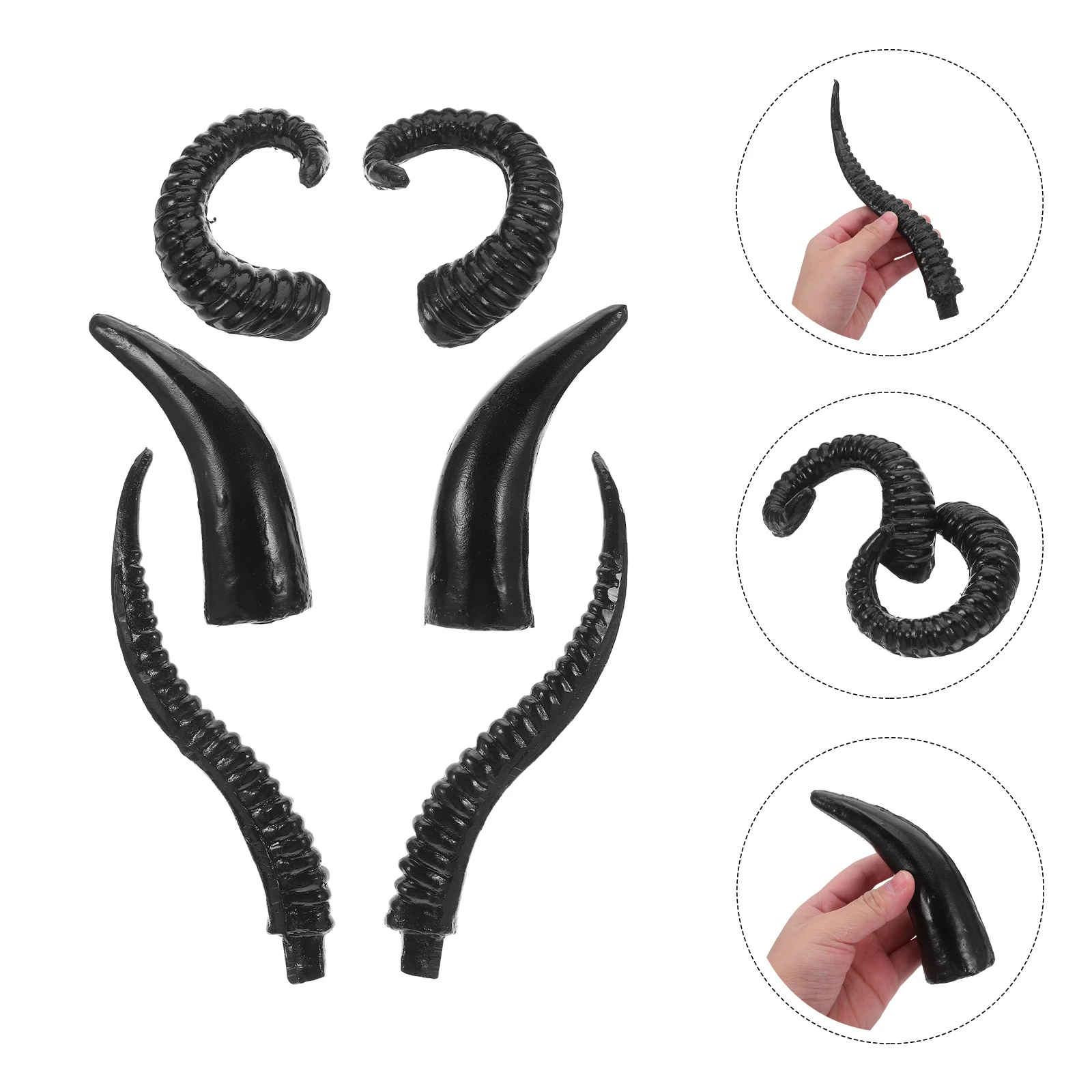 

3Pairs Fake Animal Horns Intricate Design Plastic Faux Horn Set for Educational Display Costume Party Photo Prop Use