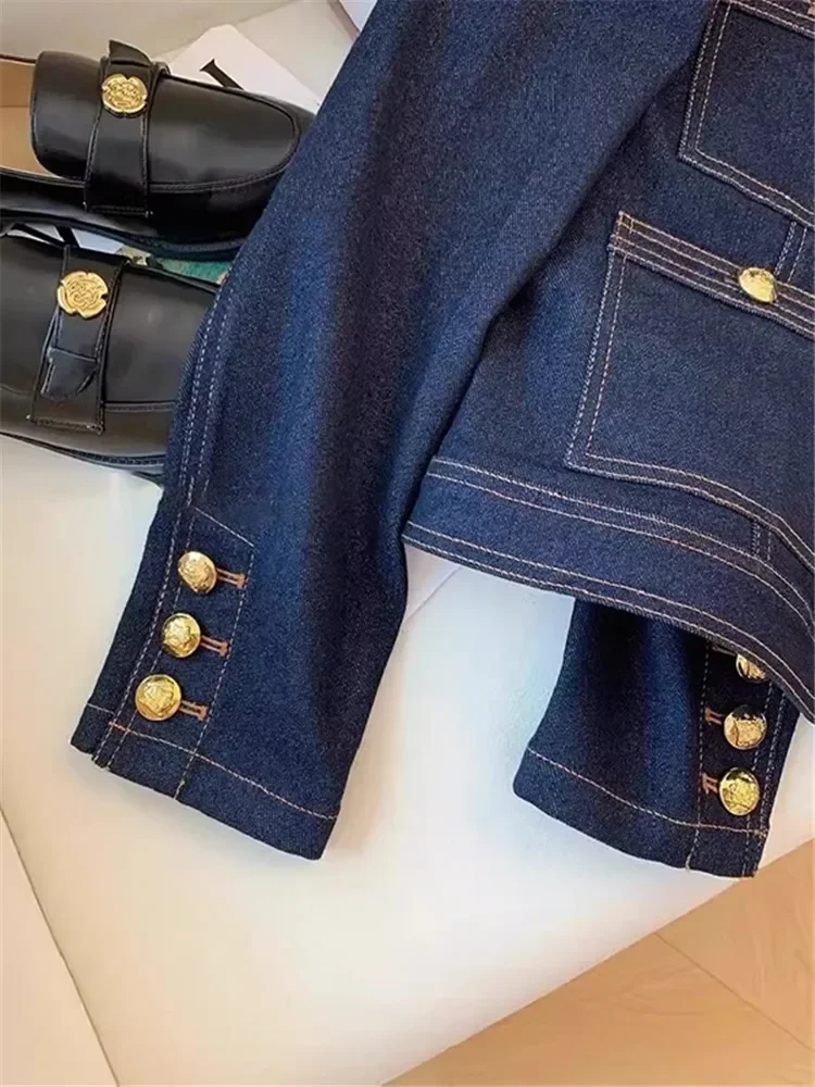 2024 Spring Autumn Vintage Style Casual Blue Elegant Denim Jacket Women\'s Fashion Luxury Style Single Breatsed Simple Jean Coat