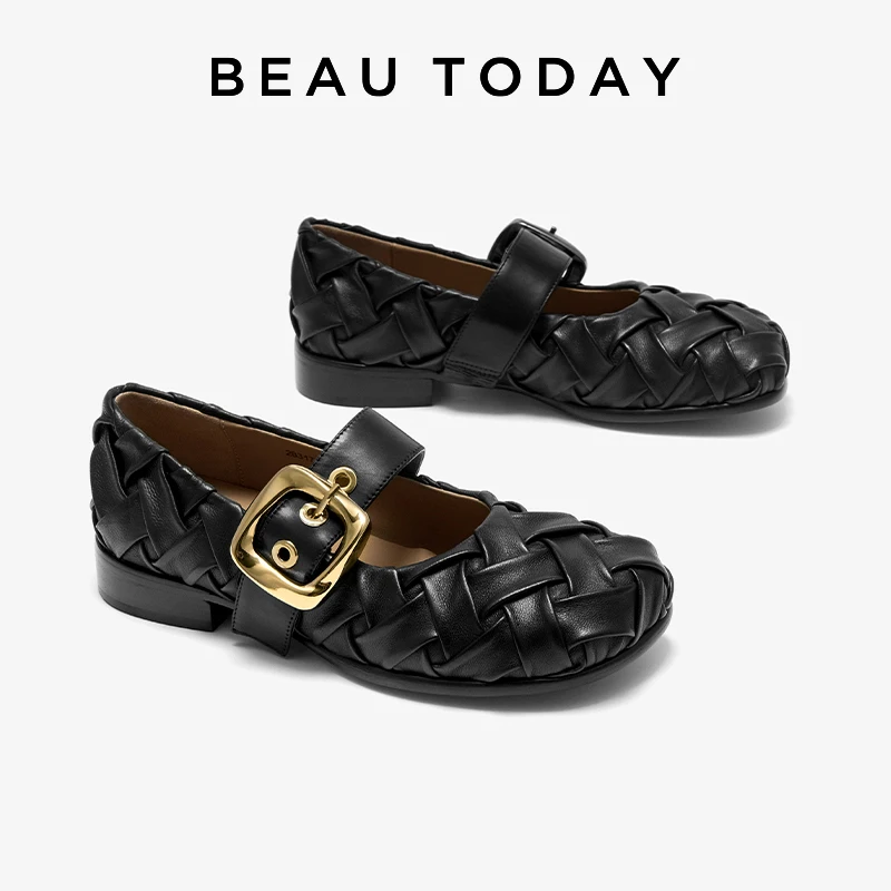 

BEAUTODAY Ballet Shoes Women Genuine Leather Flats Ruched Woven Design Round Toe Buckle Strap Ladies Mary Janes Handmade A28317