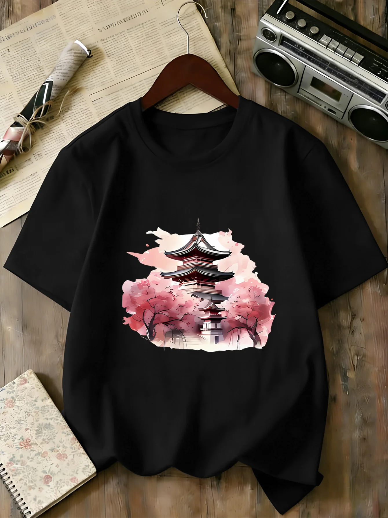 Boys Girls Family Matching Tee Oriental Pagoda Sakura Watercolor Art Print Short Sleeve Soft Cotton Kids Daily Outdoor Outfit