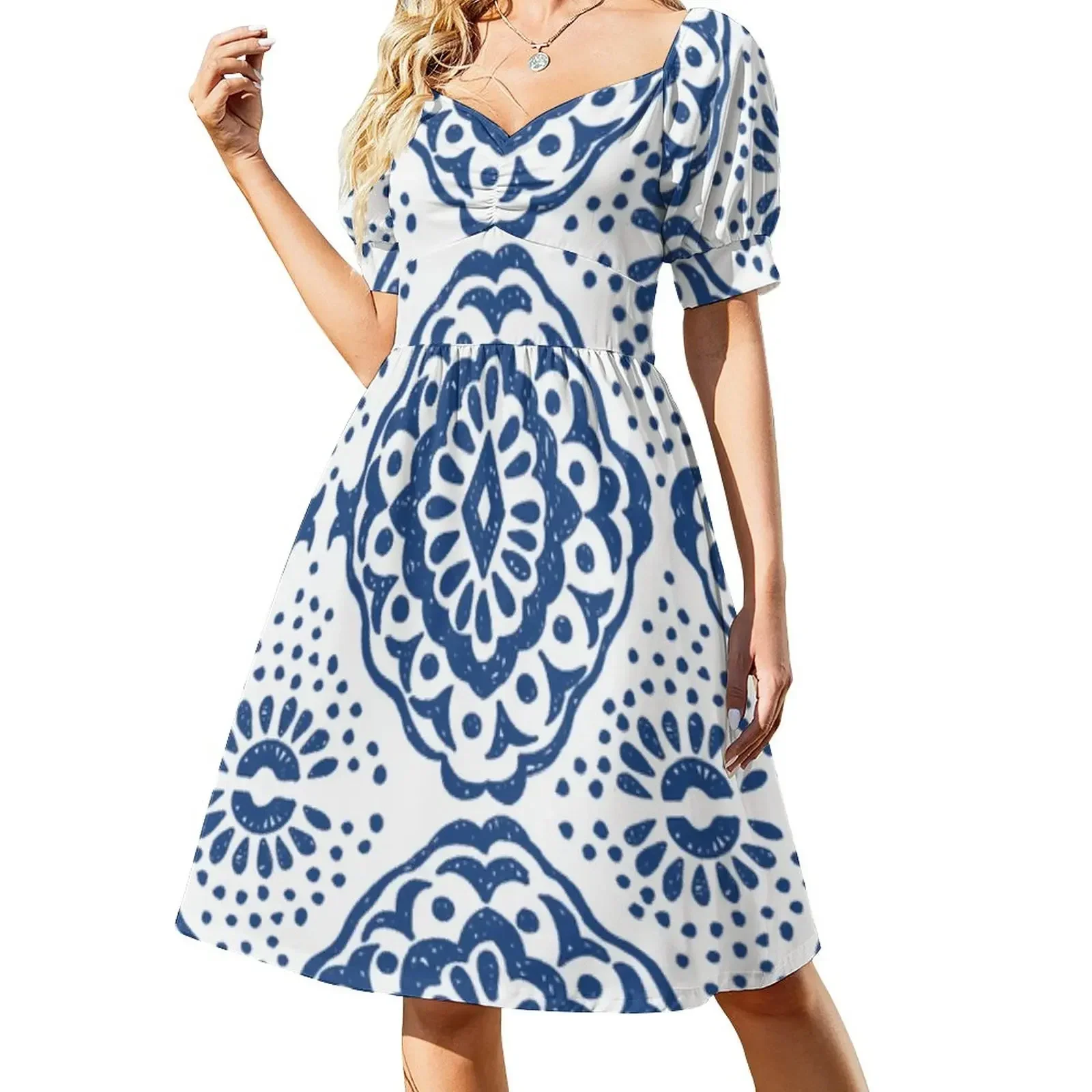 

Blue and White Portuguese Tile Short-Sleeved Dress birthday dresses for women womans clothing elegant women's sets Dress