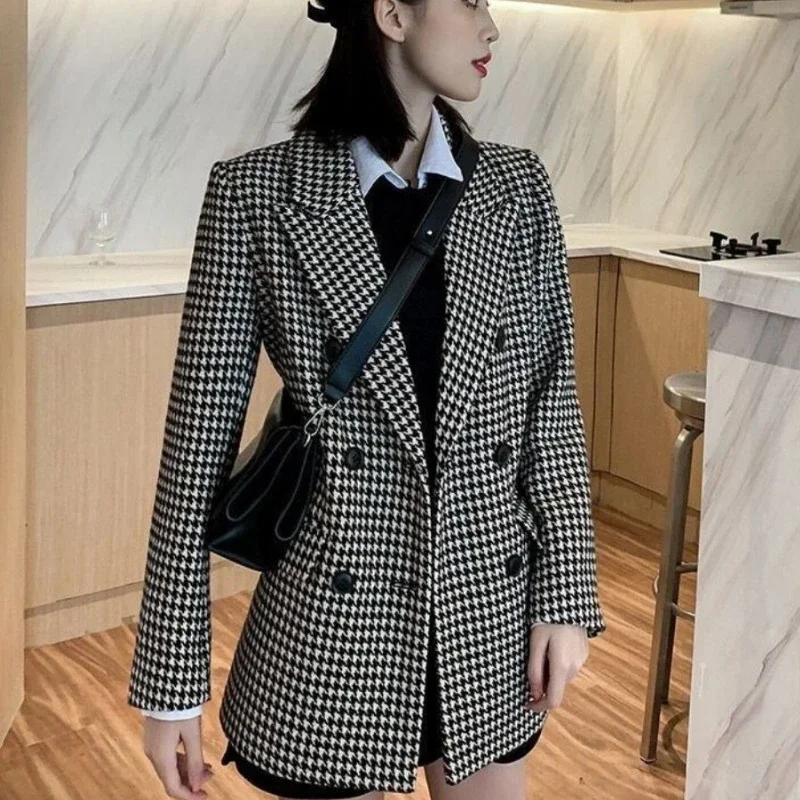 

Миниатюрное женское твидовое пальто с узором «гусиные лапки», осень-зима, новый стеганый хлопковый утепленный пиджак средней длины, шикарная рабочая повседневная одежда