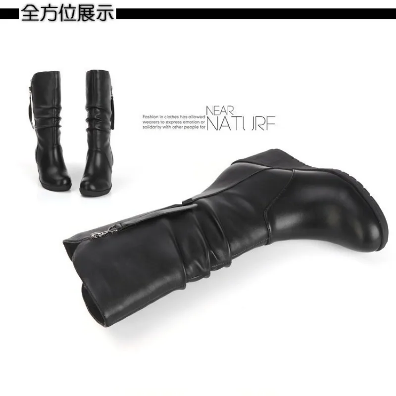

High-end Womens Mid-Calf Boots Winter New Fashion Casual Wedges Shoes Women Elegant High Heels Round Toe Platform Boot for Women