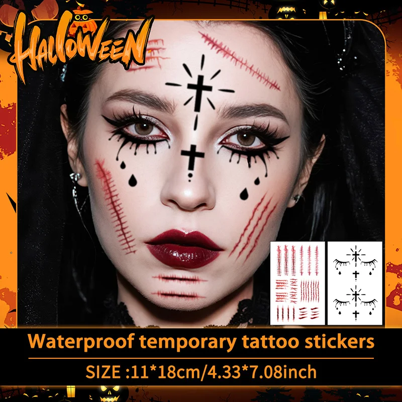 

2Pcs Halloween Horror Temporary Tattoo Sticker, Long-lasting and Waterproof, Scar, Nun of Sorrow, Tattoo Sticker for Face Arm