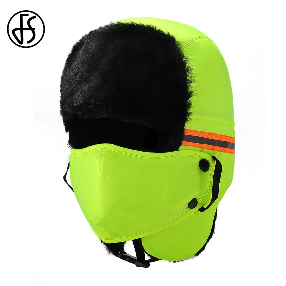 FS Fashion Green Orange Reflective Strip Bomber Hats For Men Warm Plush Winter Hat Outdoor Cycling Women Earflaps Cap With Mask