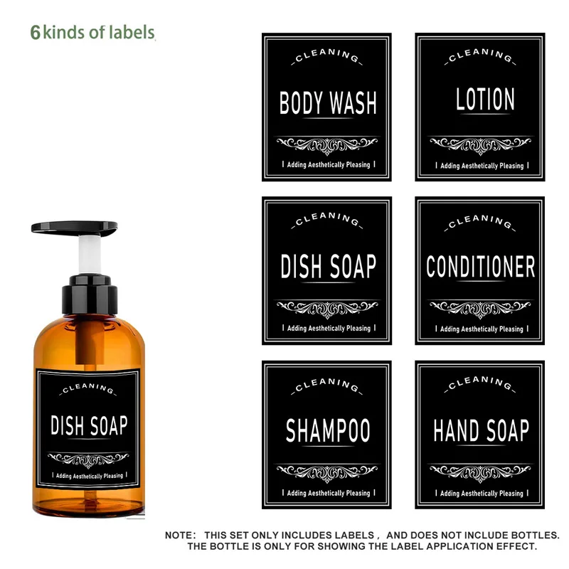 6 PCS Soap Dispenser Labels Waterproof Black Lotion Label Shampoo Conditioner Body Wash Bathroom Shower Bottle Sticker