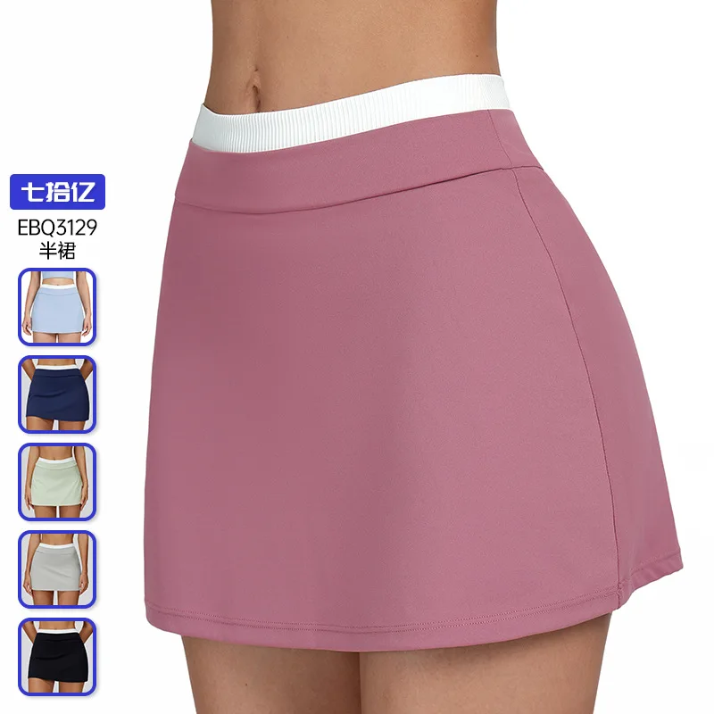 

Cross-border nude contrast color short skirt,high-waisted thread fake two-piece sports short skirt, anti-glare tennis skirt 3129