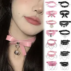 1Pc Sexy Women Cosplay Rock Pink Bowknot Necklaces Jewelry Goth Star Sweet Heart Rivets Harajuku Punk Egirl Leather Choker Bulk