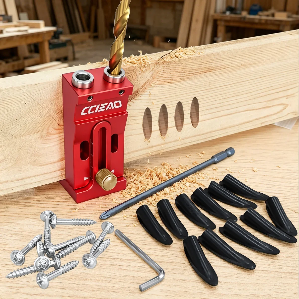 Verstellbares Taschenloch-Bohrvorrichtungs-Set, Aluminium-Holzbearbeitungs-Schrägloch-Lokalisierer mit 9mm Bohrer für Möbel- und Schrankherstellung – Detail 1