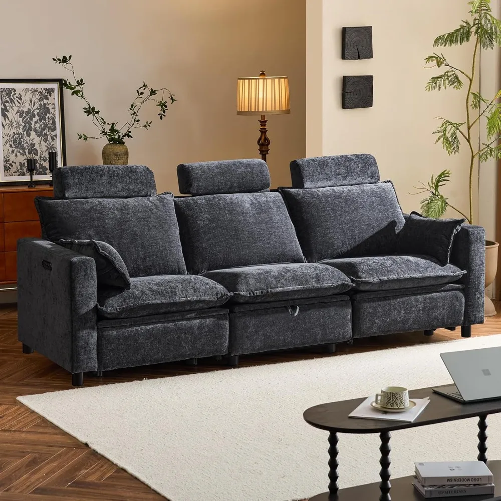 Chenille Electric Reclining Sofa, Oversized 3-Seater Cloud Couch with Headrest, Pillows, Modern Power Recliner Sofa with Storage