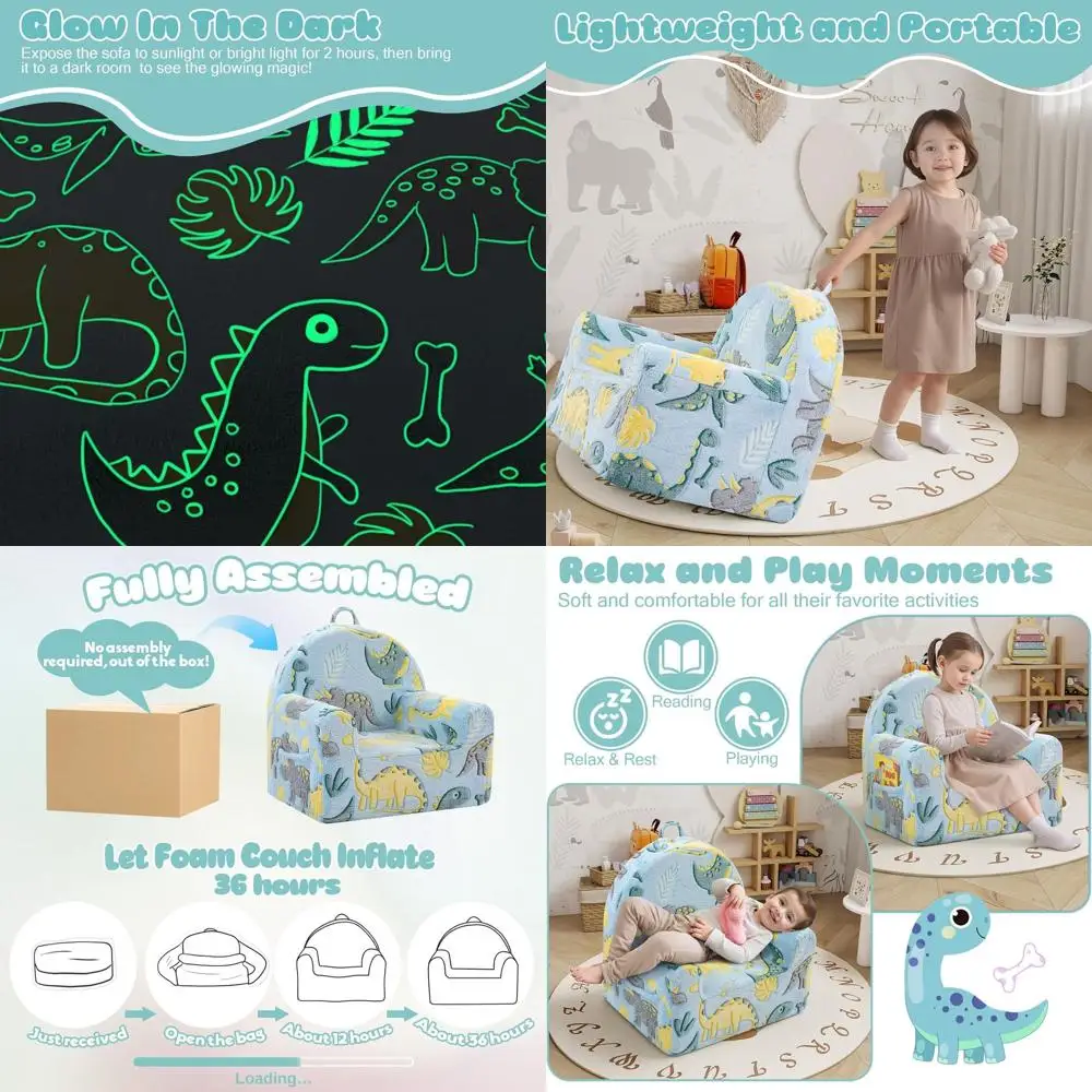 

Светящееся кресло-динозавр для чтения для детей 1-3 лет, плюшевое кресло для детских комнат и игровых зон