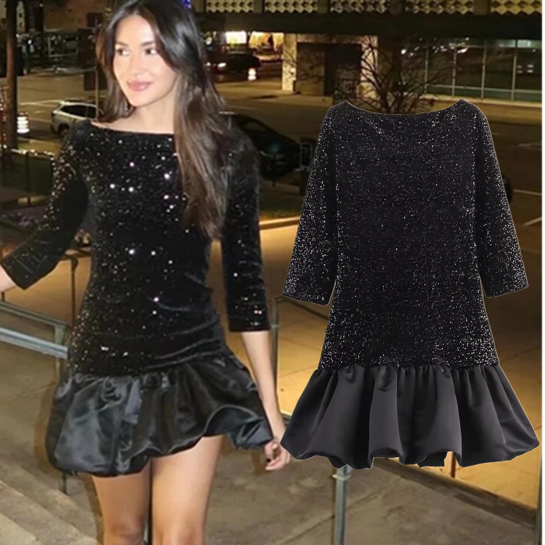 

Maxdutti French Party Mini Dress Ladies For New Arrivals Fashionable And Elegant Women's Velvet Sequin Patch Dress