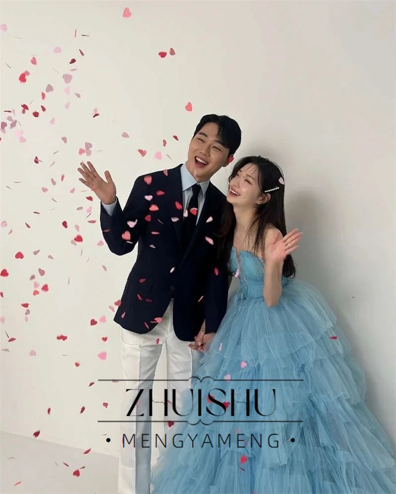 ZHUISHU Fairy Dusty Blue Tulle Evening Dresses Korea Wedding Party Photo shoot Strapless layered Prom Gowns Princess Customized