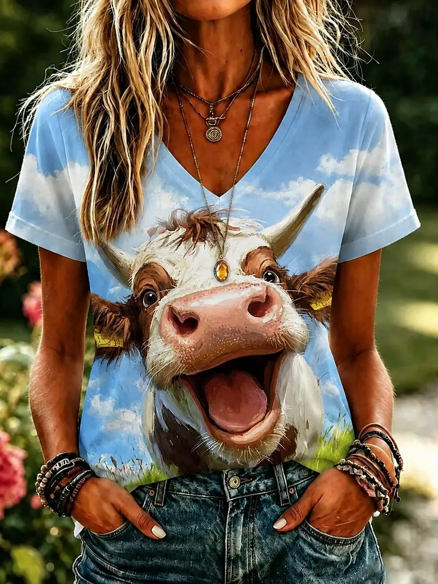 Women's Spring Summer 3D Printed V Neck Tee, Blue Sky White Cloud Grassland Laughing Cow Realistic Animal Print Casual Daily Top