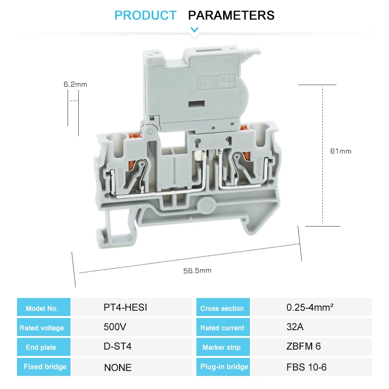 10Pcs PT 4-HESI 5X20 mm Fuse Modular Terminal Block Push-in Connectin 4mm Electric Cable 4 mm² NS35 Din Rail Connector PT4-HESI