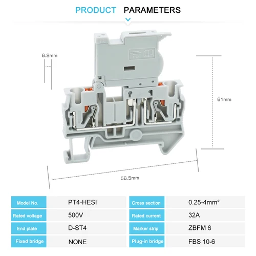 Imagen 2 del producto 10 Uds PT4-HESI/HESILED portafusibles bloque de terminales push-in 5*20mm 0.5A-10A fusible 24V/220V LED conector de carril Din 4mm2 PT4-HESILED