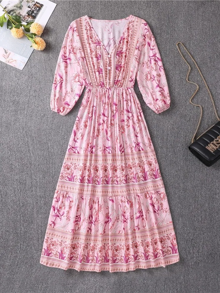 Spring summer Floral Print Bohemian Dress Women V-Neck High Waist Street Causal Beach Dresses  Elegant Women's Dress Robe